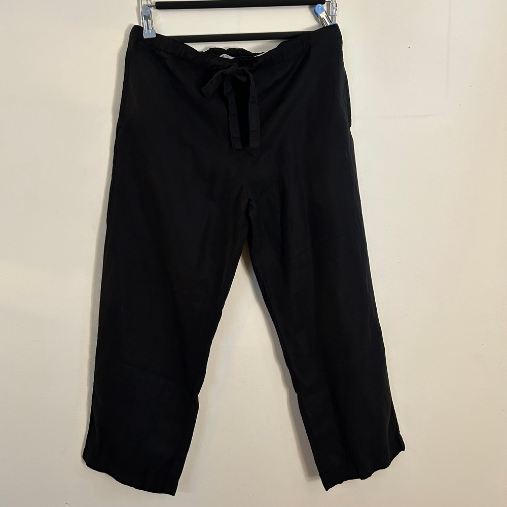 Zara Linen Blend‎ Pants Elastic Waist Tie Crop Black M Good